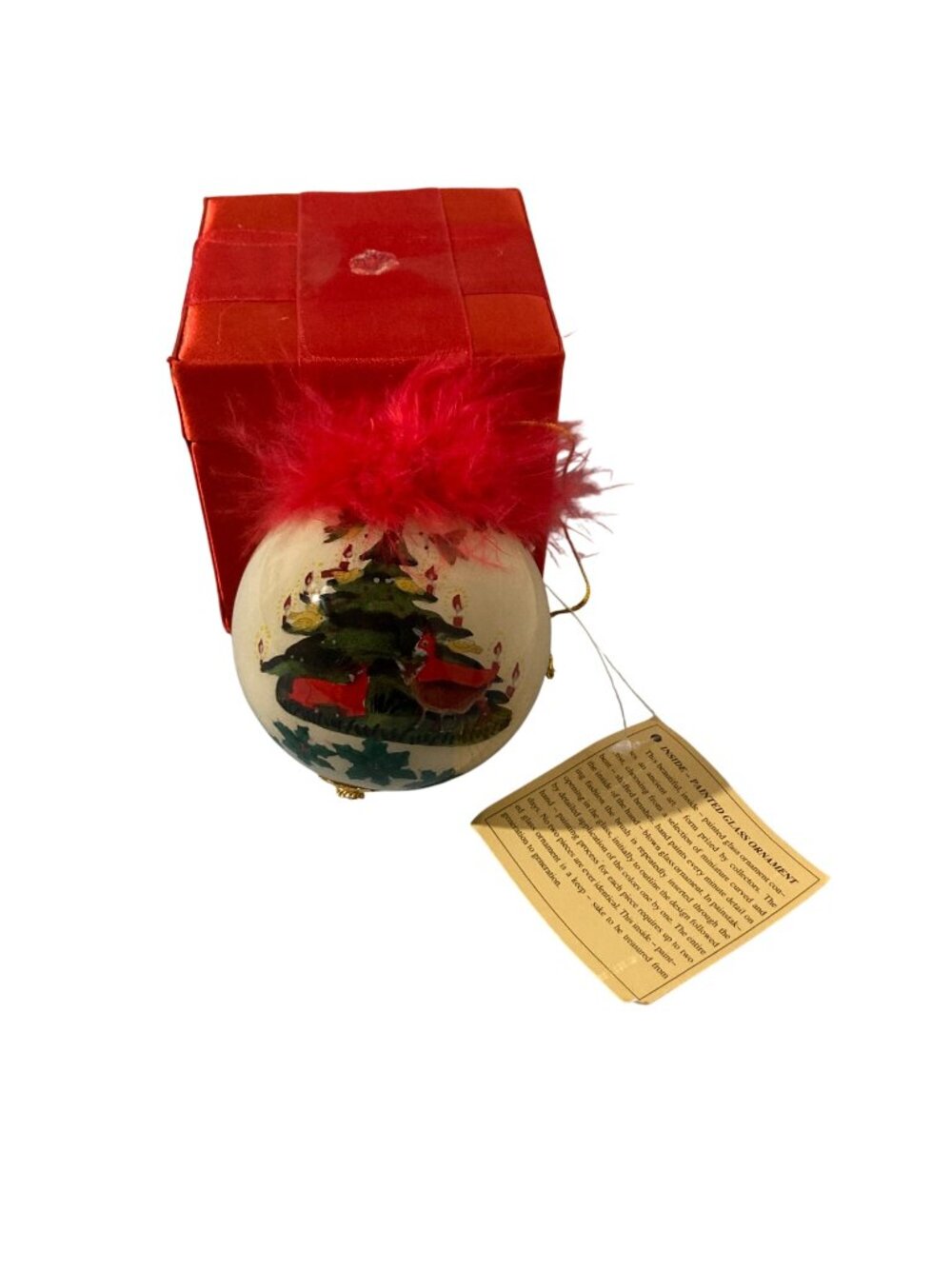 Vintage Christmas Glass Ornament Reverse Painted Christmas Tree With Red Feather